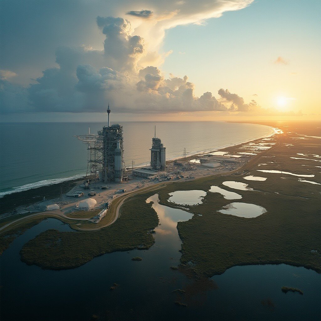 Aerial view of Cape Canaveral Space Force Station and Kennedy Space Center with rocket launch pads, Vehicle Assembly Building, multiple facilities, dramatic clouds, and Florida's coastline during golden hour