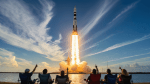Rocket Launches at Cape Canaveral: Your Ultimate Viewing Guide (Insider Secrets!) Rocket launch at Cape Canaveral seen from Jetty Park with spectators in silhouette, Indian River and Kennedy Space Center in the background, and a fiery exhaust against a deep blue sky.
