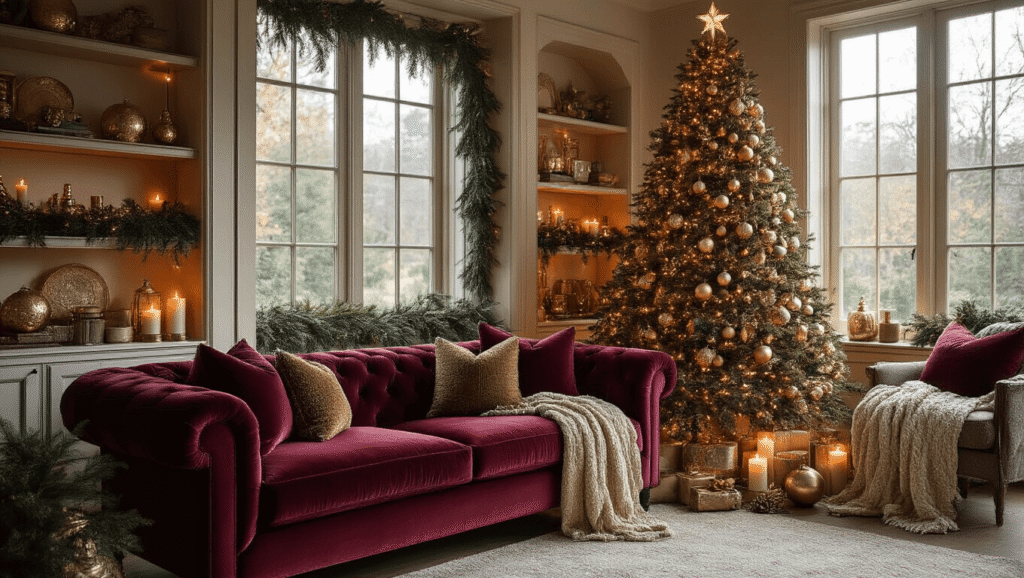 Cinematic wide shot of a luxurious living room during golden hour, showcasing a pre-lit Christmas tree, burgundy velvet sofa, fairy lights, and warm candlelight, all accented with rich textures and vintage brass.