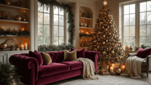 Cinematic wide shot of a luxurious living room during golden hour, showcasing a pre-lit Christmas tree, burgundy velvet sofa, fairy lights, and warm candlelight, all accented with rich textures and vintage brass.