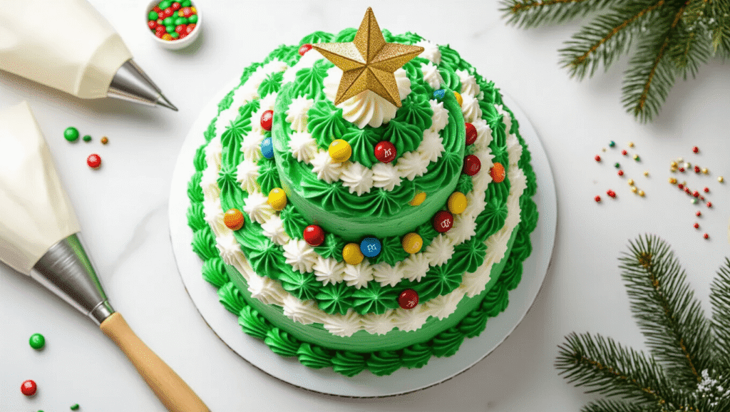 Cinematic overhead shot of a vibrant Christmas tree cake with emerald green buttercream frosting, colorful M&M ornaments, and a golden star topper on a white marble countertop, surrounded by baking tools and fresh evergreen sprigs in warm golden hour lighting.