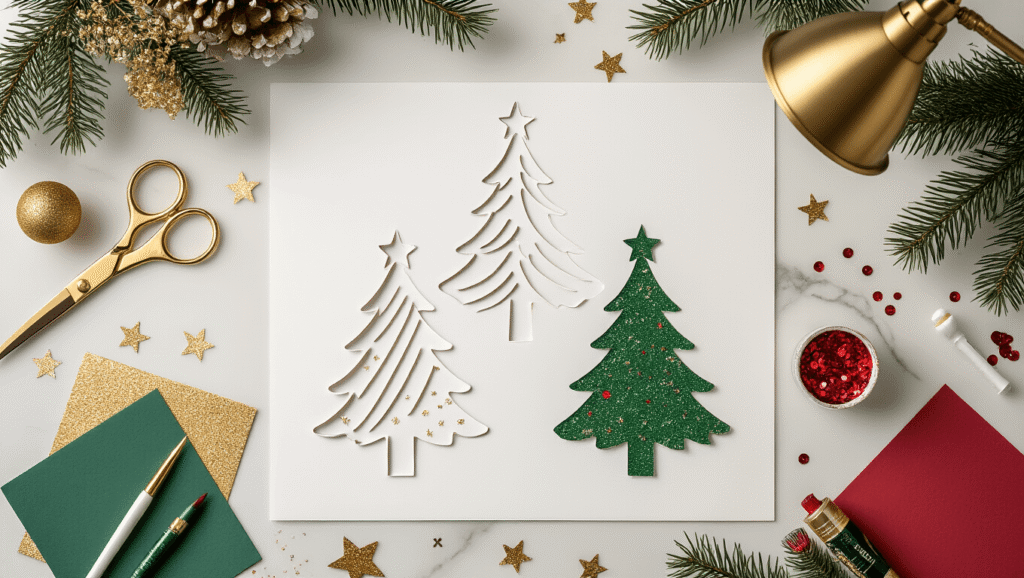 Christmas Tree Templates: Your Ultimate Guide to Festive Crafting and Creativity Cinematic close-up of a crafting workspace with white Christmas tree templates, metallic gold scissors, emerald green cardstock, and ruby red sequins on a marble surface, framed by scattered gold star confetti and pine sprigs, with soft lighting highlighting textures and a warm brass lamp illuminating decorated tree templates.