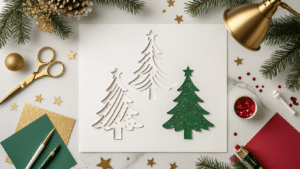Christmas Tree Templates: Your Ultimate Guide to Festive Crafting and Creativity Cinematic close-up of a crafting workspace with white Christmas tree templates, metallic gold scissors, emerald green cardstock, and ruby red sequins on a marble surface, framed by scattered gold star confetti and pine sprigs, with soft lighting highlighting textures and a warm brass lamp illuminating decorated tree templates.