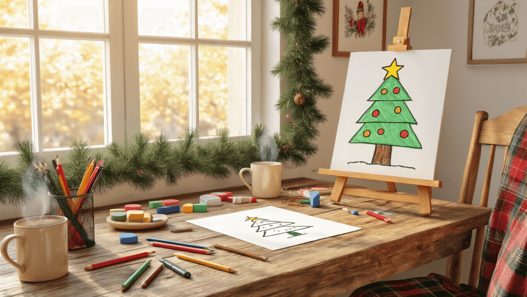 Cozy art studio corner with a rustic wooden desk full of colorful art supplies, a child's easel showcasing a simple Christmas tree sketch, and warm sunlight illuminating festive decorations and holiday artwork on cream walls.