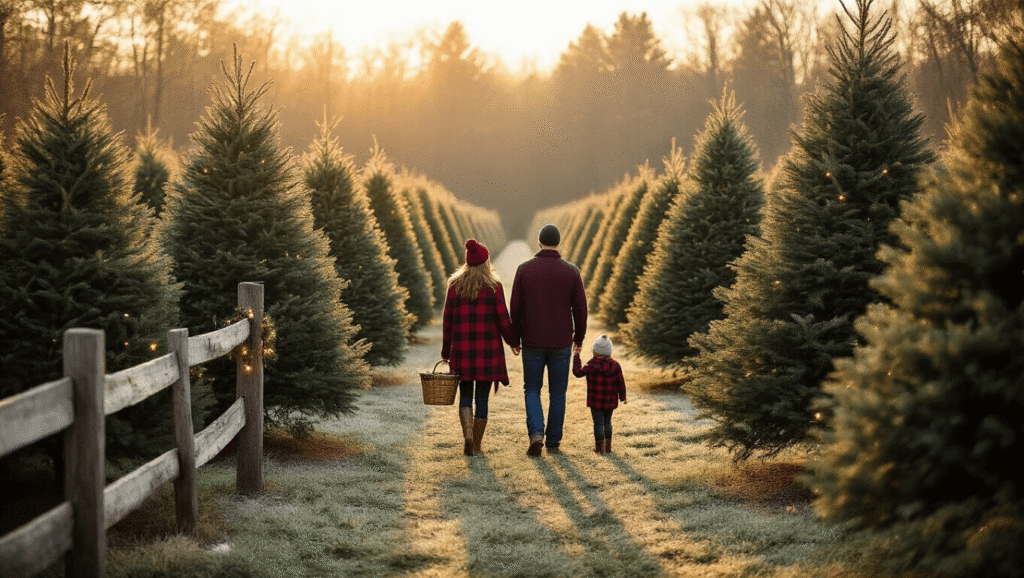 A family in coordinated winter clothing walking through a magical Christmas tree farm during golden hour, with evergreen rows, dappled sunlight, and rustic wooden fence posts, creating a warm and festive atmosphere.