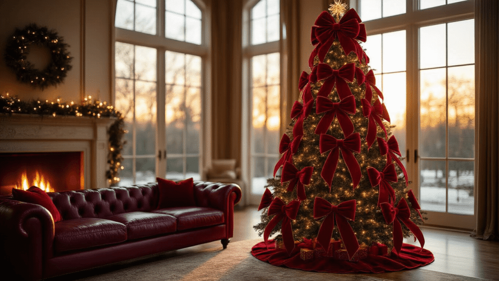 Red Bow Christmas Tree: A Timeless Holiday Decor Statement Cinematic shot of a majestic 9-foot Christmas tree decorated with oversized crimson velvet bows in a luxurious living room, bathed in warm golden hour light, featuring a rich burgundy leather sofa and a cozy fireplace.