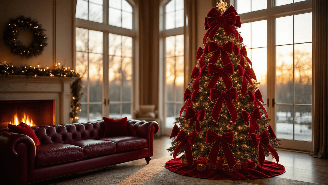 Cinematic shot of a majestic 9-foot Christmas tree decorated with oversized crimson velvet bows in a luxurious living room, bathed in warm golden hour light, featuring a rich burgundy leather sofa and a cozy fireplace.
