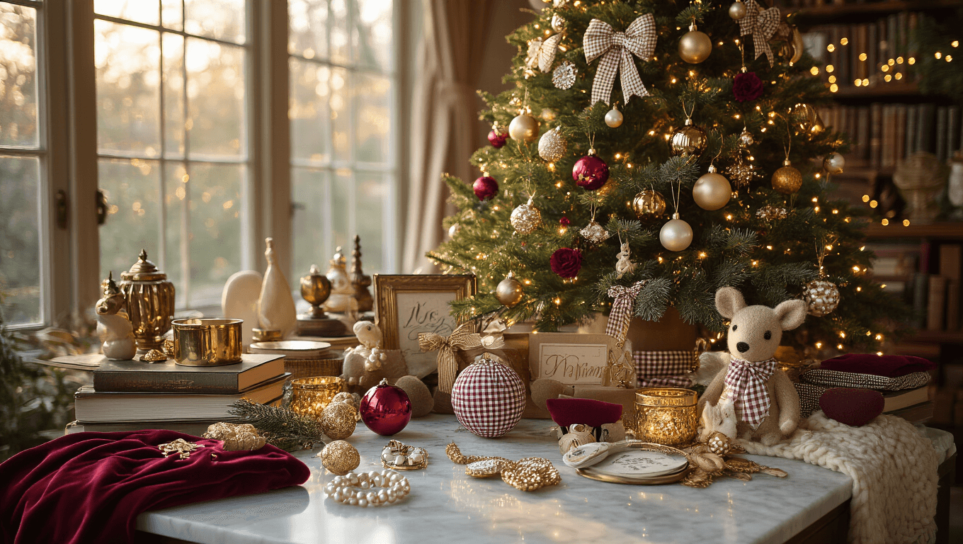 Cinematic overhead view of a cozy Christmas tree styling station on marble, showcasing pearl-encrusted bow toppers, handcrafted glass ornaments, felt animal motifs, and luxurious baubles in burgundy and gold, illuminated by warm golden hour light.
