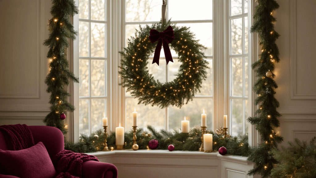 A beautifully decorated bay window for Christmas, featuring a large evergreen wreath with a velvet ribbon, glowing fairy lights, flickering brass candles, and natural pine garland, with cozy textiles and warm ambient lighting.