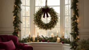 A beautifully decorated bay window for Christmas, featuring a large evergreen wreath with a velvet ribbon, glowing fairy lights, flickering brass candles, and natural pine garland, with cozy textiles and warm ambient lighting.