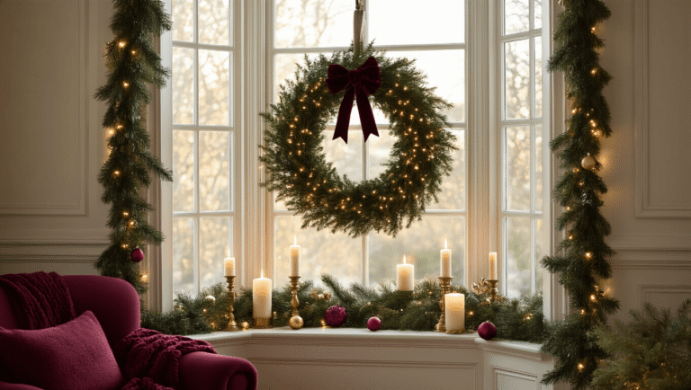 A beautifully decorated bay window for Christmas, featuring a large evergreen wreath with a velvet ribbon, glowing fairy lights, flickering brass candles, and natural pine garland, with cozy textiles and warm ambient lighting.