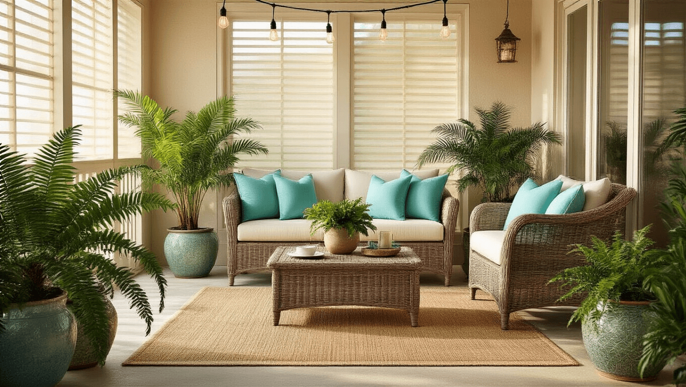Cinematic wide-angle shot of a cozy Florida lanai with weathered wicker furniture, aqua throw pillows, tropical plants in ceramic planters, and morning coffee setup, illuminated by soft golden hour light and overhead string lights.