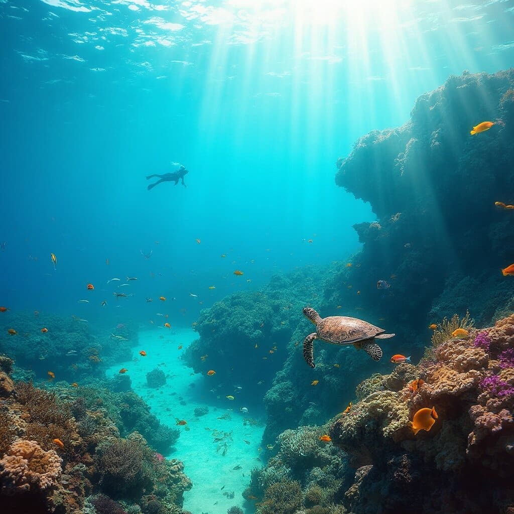 Dry Tortugas National Park: Your Ultimate Remote Paradise Adventure Guide Underwater paradise with sea turtles, tropical fish, and vibrant coral reefs in crystal clear shallow waters under rays of sunlight