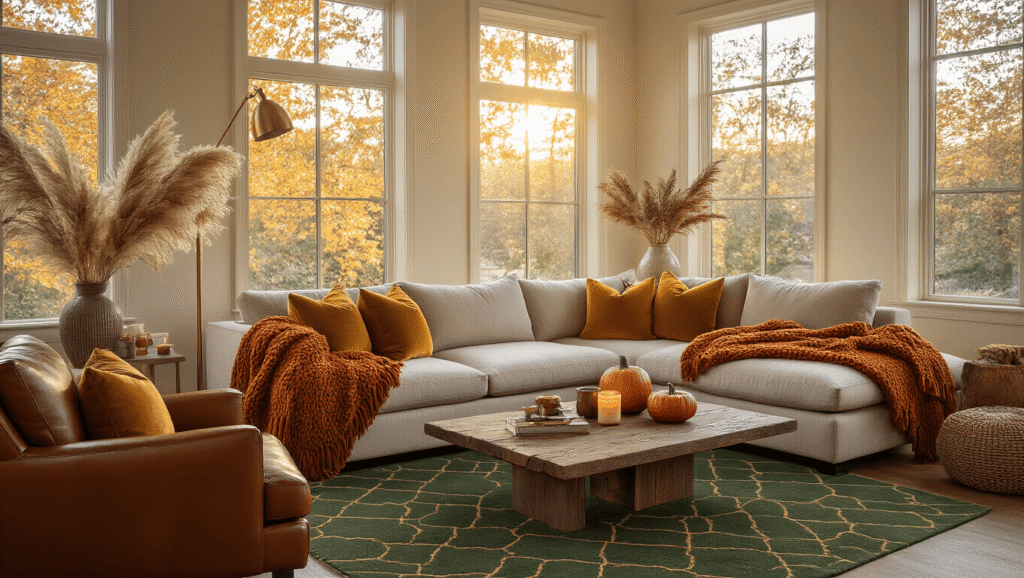 Cinematic wide-angle shot of a cozy fall living room with warm golden hour light, featuring a plush sectional sofa with burnt orange throws, mustard yellow pillows, a reclaimed walnut coffee table with autumn decor, a cognac leather chair, and a geometric area rug, creating an inviting autumn atmosphere.