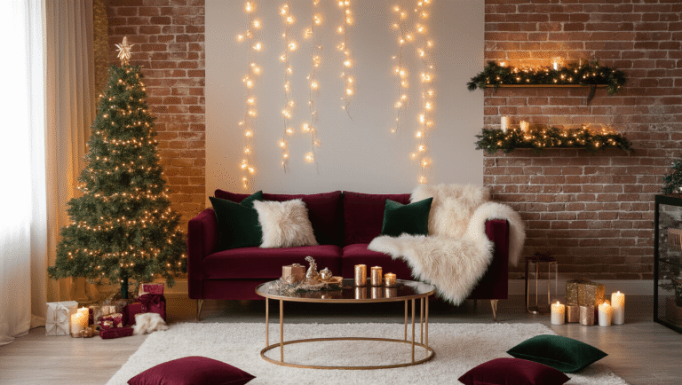 Small Apartment Christmas Decor: Magical Festivity in Tiny Spaces A cozy studio apartment decorated for Christmas with a slim pencil tree adorned with warm white lights, a burgundy velvet sofa with cream faux fur pillows, rose gold accents on a glass coffee table, cascading string lights on an exposed brick wall, and a warm amber glow from battery-operated candles.