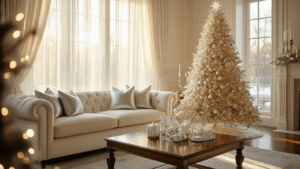 An elegant crystal Christmas tree centerpiece on a polished mahogany coffee table in a warmly lit living room, featuring a cream velvet sofa with silver throw pillows, hardwood floors, and a Persian rug, creating a cozy holiday atmosphere.