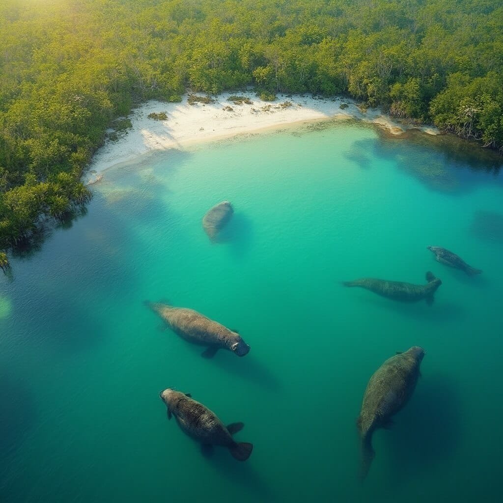 Aerial drone view of manatees swimming in clear turquoise water among lush green mangroves at Crystal River National Wildlife Refuge in Florida under soft morning light