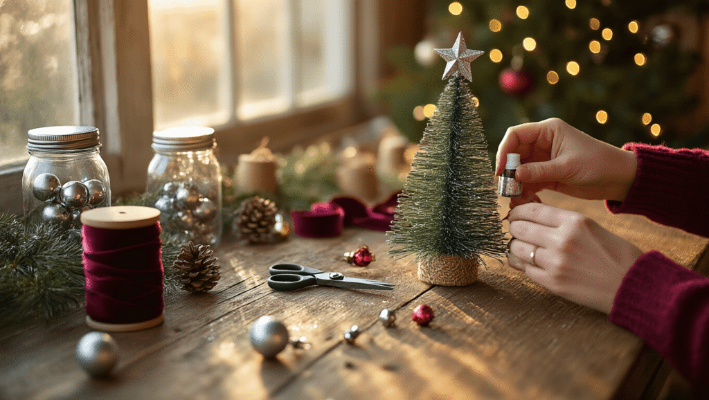 Close-up of hands crafting a DIY Christmas tree topper on a rustic farmhouse table, surrounded by crafting materials like metallic picks, velvet ribbons, and ornaments, with warm light and a softly blurred Christmas tree in the background.