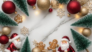 Dollar Tree Christmas Decor 2025: Budget-Friendly Magic for Every Home Cinematic overhead shot of a luxurious Dollar Tree Christmas decor arrangement featuring glitter ball ornaments, bottle brush trees, vintage Santa figurines, and gingerbread elements on a white marble surface, illuminated by warm golden hour lighting.