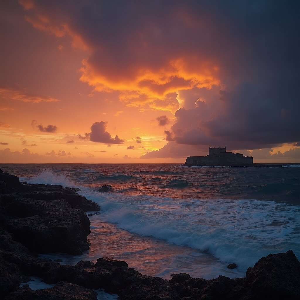 Dry Tortugas National Park: Your Ultimate Remote Paradise Adventure Guide Dramatic sunset at Dry Tortugas National Park with silhouette of Fort Jefferson, rough ocean waves and storm clouds