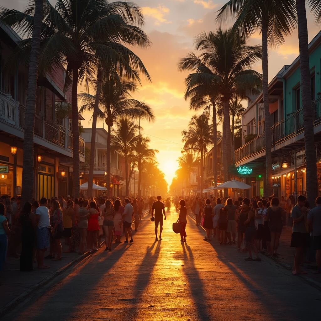 Duval Street in Key West during golden hour sunset, with street performers setting up, crowds gathering at bars, palm trees swaying, and neon signs starting to light up