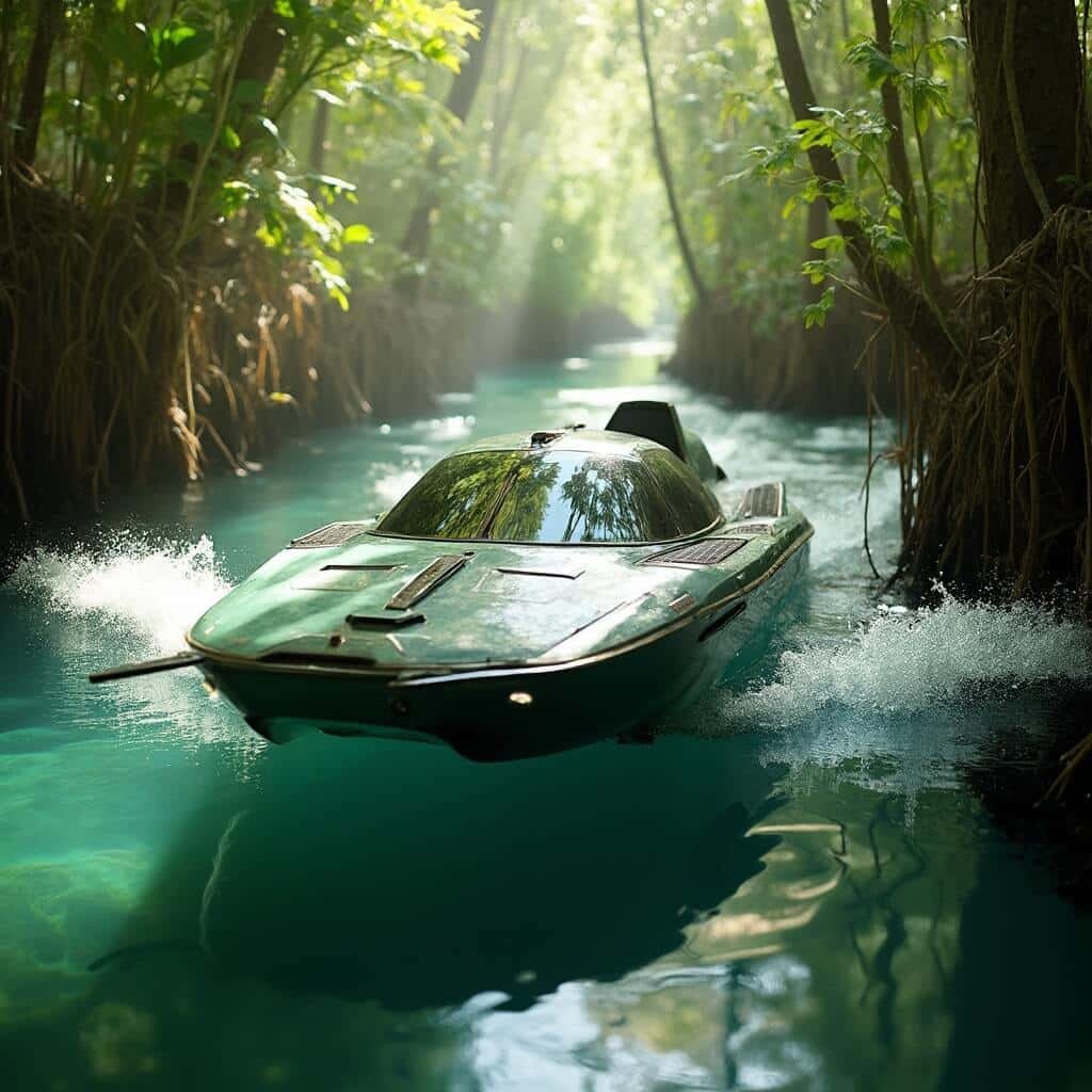 Advanced eco-friendly airboat navigating through mangrove channels with clear water, sunlight filtering through tropical vegetation, mechanical details in ultra-sharp focus, no people visible