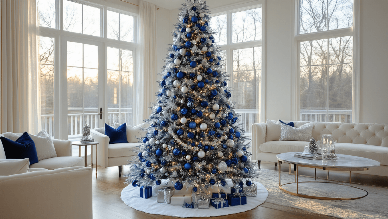 Elegant living room with a stunning 7-foot blue and silver Christmas tree, adorned with glass ornaments, silver garlands, and LED lights, featuring modern cream velvet furniture and golden hour lighting streaming through large windows.