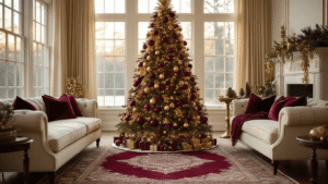 Cinematic view of an elegantly decorated 8-foot Christmas tree in a cozy living room, adorned with deep burgundy and antique gold ornaments, warm golden hour lighting, and rich textures, creating a luxurious holiday ambiance.