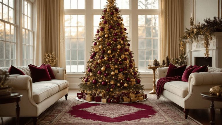 How to Decorate a Christmas Tree Like a Professional Designer: A Step-by-Step Masterclass Cinematic view of an elegantly decorated 8-foot Christmas tree in a cozy living room, adorned with deep burgundy and antique gold ornaments, warm golden hour lighting, and rich textures, creating a luxurious holiday ambiance.
