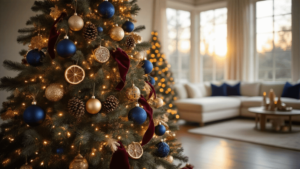 Elegant living room with a majestic 9-foot Christmas tree decorated in navy blue and gold, featuring velvet burgundy ribbons, warm white lights, and unique ornaments, bathed in golden hour light.