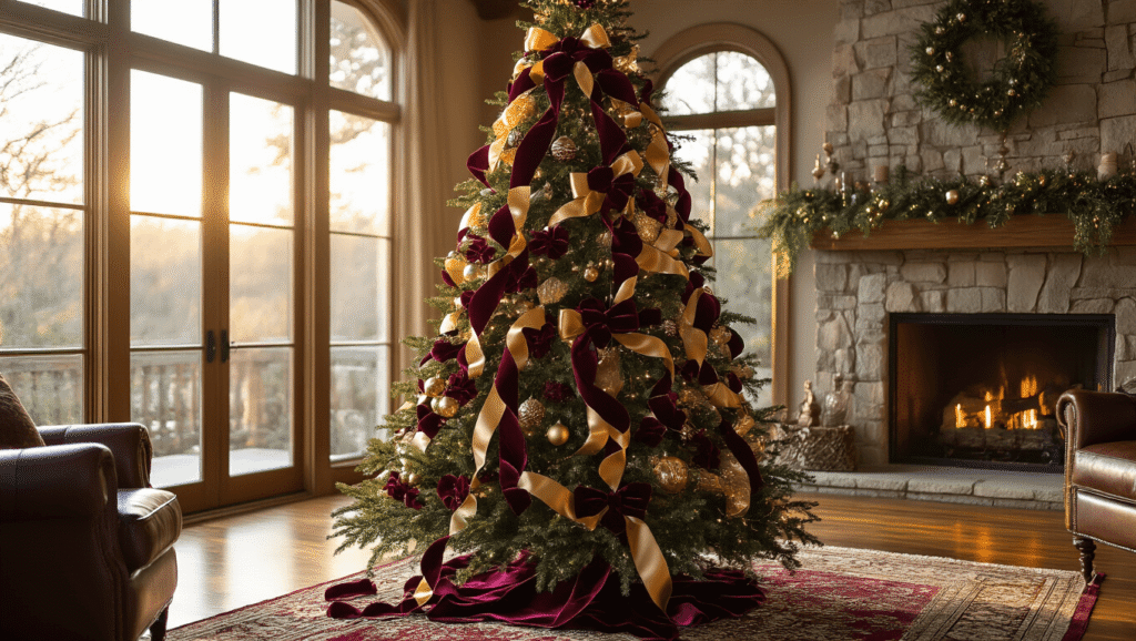 Elegant 8-foot Christmas tree adorned with burgundy velvet and gold silk ribbons, bows, and crystal ornaments, set in a cozy living room with a stone fireplace and hardwood floors, illuminated by warm golden hour light.