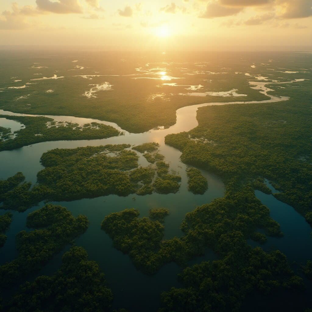 Aerial view of Everglades ecosystem at golden hour, featuring intricate waterways, lush marshlands, dense mangrove forests and vibrant water reflections