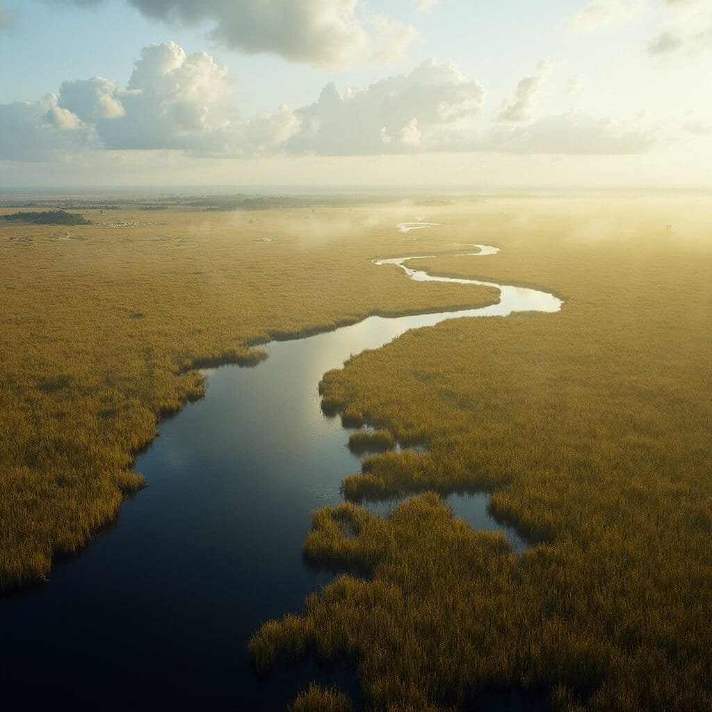 Aerial view of golden sawgrass prairie in Florida Everglades with dark water channels, cypress tree islands, morning mist, and wildlife under a dramatic sky in a UNESCO wilderness preserve