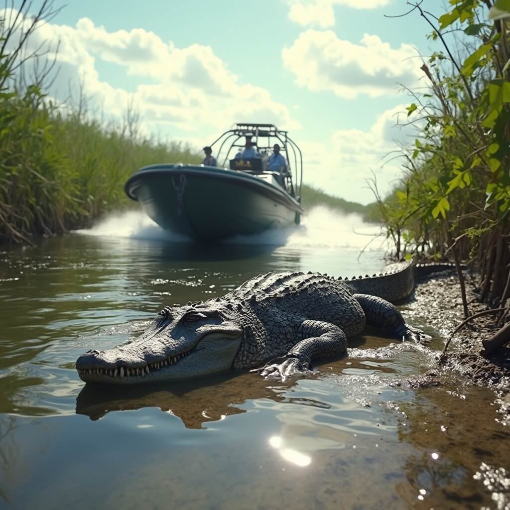 Airboat cruising through Everglades waters near a sunbathing alligator, surrounded by green sawgrass and reflecting clear sky in a raw Florida wilderness scene.