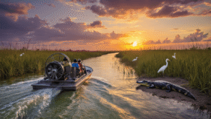 Ride the Wild: Your Ultimate Airboat Adventure Through Florida's Hidden Wonderland "Airboat navigating through Florida Everglades at sunset, with passengers looking at an alligator on the bank and herons in the wetlands"