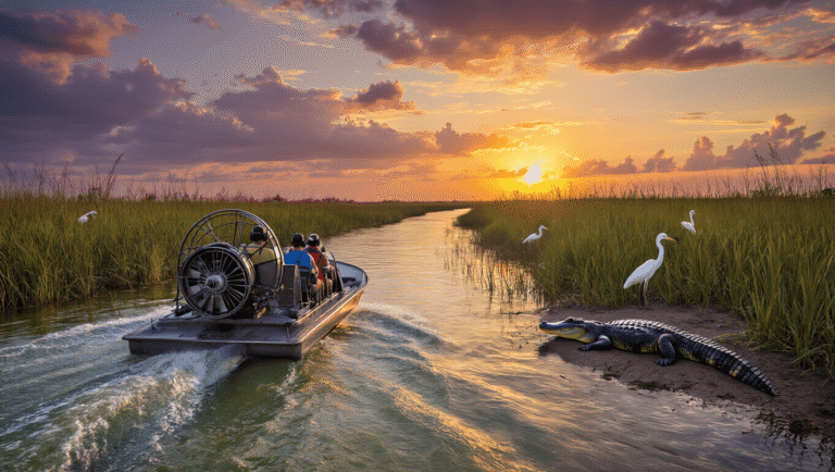 "Airboat navigating through Florida Everglades at sunset, with passengers looking at an alligator on the bank and herons in the wetlands"