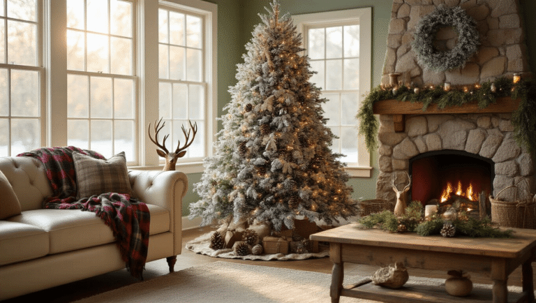 A cozy wide-angle shot of a 7-foot flocked Christmas tree with wooden deer, pinecones, and warm fairy lights, set against a rustic backdrop featuring a leather sofa, wooden coffee table, and stone fireplace, all bathed in golden hour sunlight.