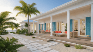 Ultimate Bloxburg Florida House Build Guide: Design Your Tropical Dream Home Cinematic wide-angle shot of a Florida-style Bloxburg house with white walls, ocean blue shutters, wrap-around porch, tropical palm trees, and inviting outdoor spaces, illuminated by warm golden hour lighting.
