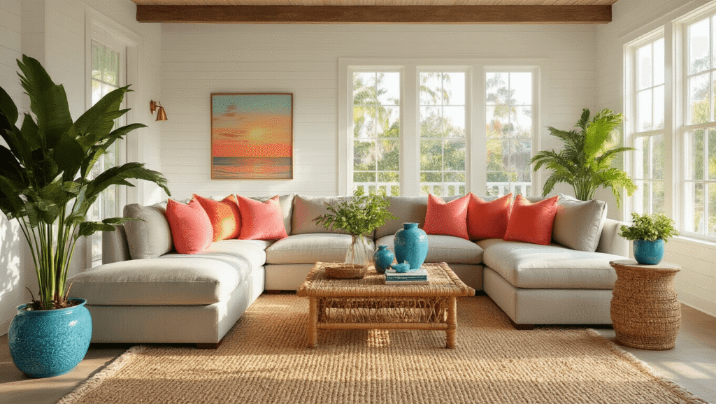 Cinematic shot of a Florida-inspired living room with greige sectional, vibrant citrus pillows, ocean blue ceramic accents, tropical plants, sandy jute rug, and warm sunlight streaming through large windows.