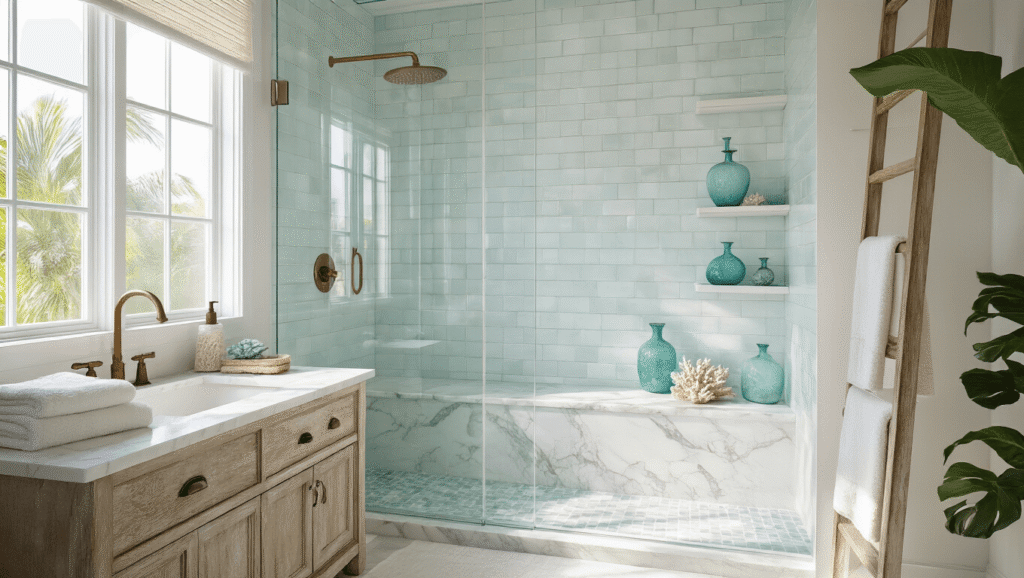 Photorealistic coastal bathroom featuring a frameless glass shower, marble bench, and sea glass accessories on white subway tiles, with soft lighting and a warm color palette.