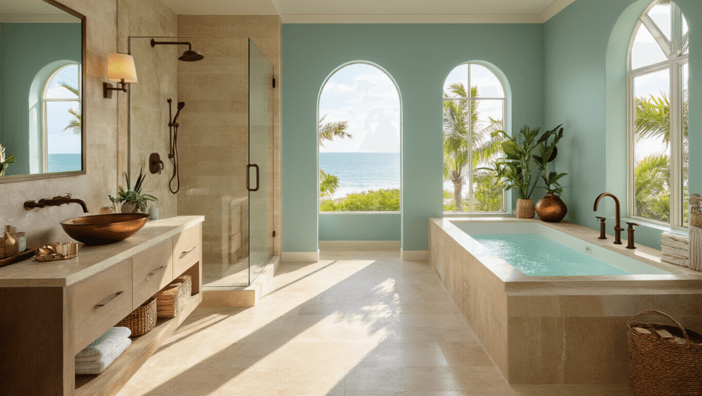 Luxurious Florida coastal bathroom featuring travertine stone tiles, freestanding soaking tub with brushed bronze fixtures, warm beige quartzite waterfall countertop, frameless glass shower, and soft aqua accent wall, illuminated by morning light through large windows.