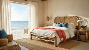 Serene Florida coastal bedroom featuring a driftwood king bed, natural linen bedding, and sandy beige walls, illuminated by golden morning light streaming through white curtains.