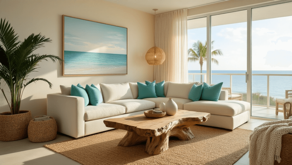 Florida Condo Decor: Creating Your Coastal Contemporary Sanctuary Bright Florida condo living room featuring a cream sectional sofa with seafoam pillows, a driftwood coffee table, and golden hour sunlight illuminating the space through large windows, creating a warm, inviting coastal aesthetic.