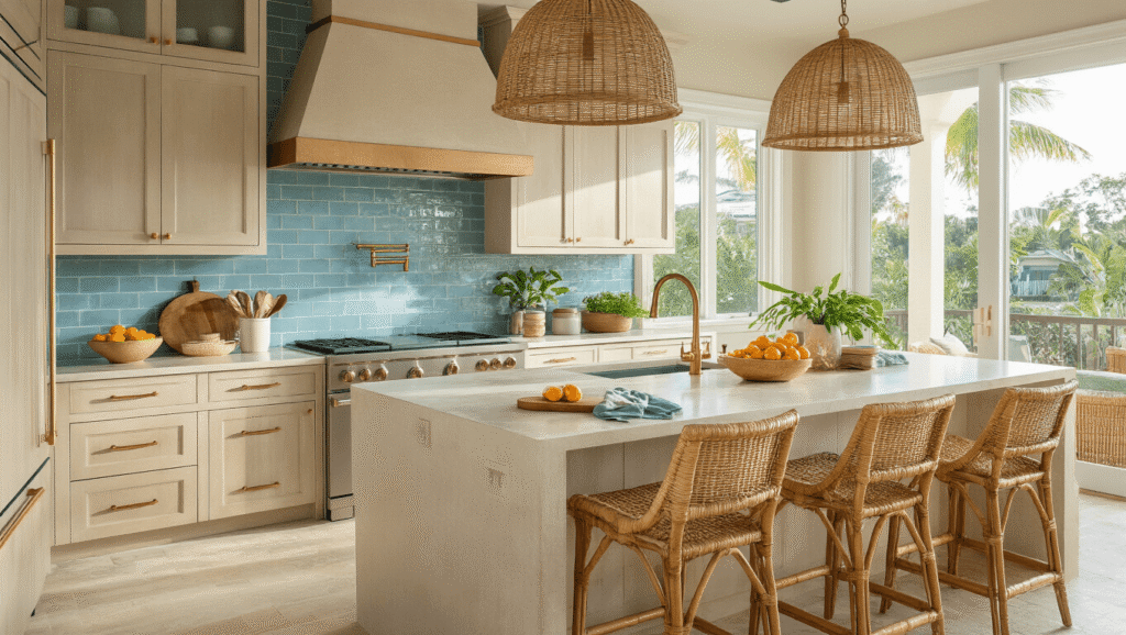 Cinematic shot of a bright Florida coastal kitchen with sandy beige cabinets, watery blue backsplash, and quartz waterfall island, featuring warm lighting, tropical accents, and an inviting atmosphere.