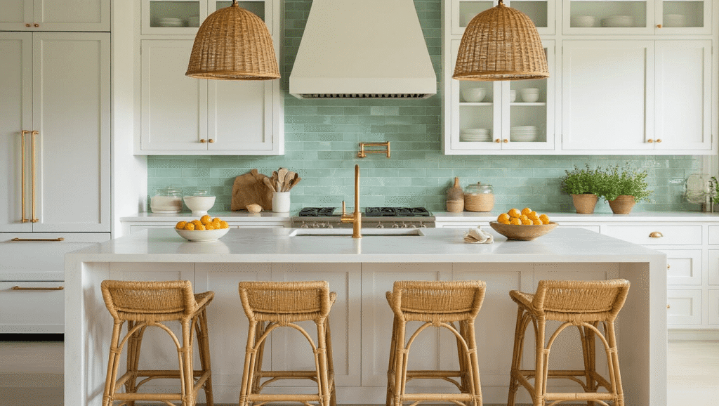 Bringing Florida's Sun-Soaked Style into Your Kitchen: A Coastal Design Guide Cinematic Florida coastal kitchen with white shaker cabinets, brass hardware, quartz countertops, and seafoam green tile backsplash, featuring rattan stools, woven pendant lights, and fresh citrus decor.