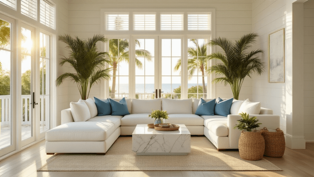 Moving to Florida: A Comprehensive Guide to Costs, Lifestyle, and Relocation Essentials A modern Florida living room with coastal decor, featuring a white sectional sofa with blue accent pillows, tropical palms, a marble coffee table, and bathed in golden hour sunlight.