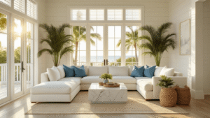 Moving to Florida: A Comprehensive Guide to Costs, Lifestyle, and Relocation Essentials A modern Florida living room with coastal decor, featuring a white sectional sofa with blue accent pillows, tropical palms, a marble coffee table, and bathed in golden hour sunlight.