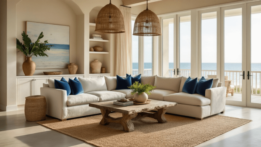 Luxurious Florida coastal living room featuring a neutral linen sectional, weathered driftwood coffee table, and ocean-blue accent pillows, illuminated by golden hour sunlight through floor-to-ceiling windows.