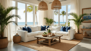 Living in Florida: A Comprehensive Guide to Sunshine State Life Cinematic wide-angle shot of a luxurious Florida coastal living room with a plush sectional sofa, warm sunlight, tropical decor, palm trees visible through large windows, and polished concrete floors.
