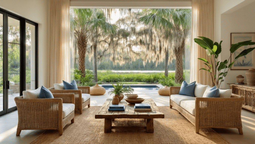 Luxurious Florida coastal living room featuring Sabal palms, Live oaks, and Bald cypress, with modern decor, natural textures, and warm sunlight filtering through windows.